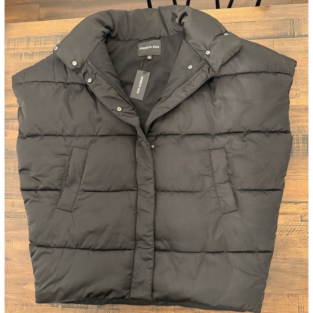 Kenneth Cole Puffer Vest Womens L/XL Black Zip Snap Stand Up Neck NWT $139 - Picture 1 of 11